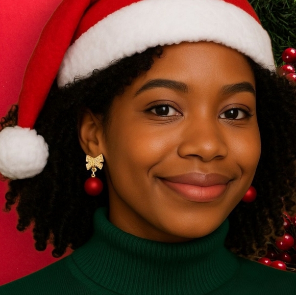 🆕️Holiday Red Ornament Bow Tie Earrings Sparkling Zircon Festive Jewelry Gift - Picture 3 of 16